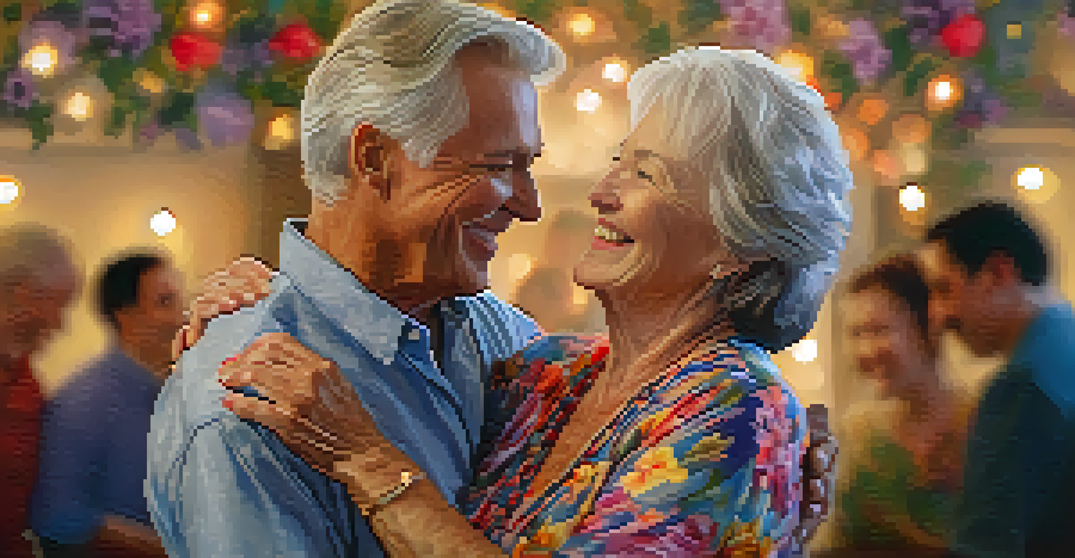 Close-up of a joyful senior woman dancing with her partner, showcasing their happy expressions and warm lighting.