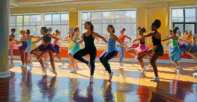 A lively dance studio where various dancers are practicing, showcasing their movements and emotions.