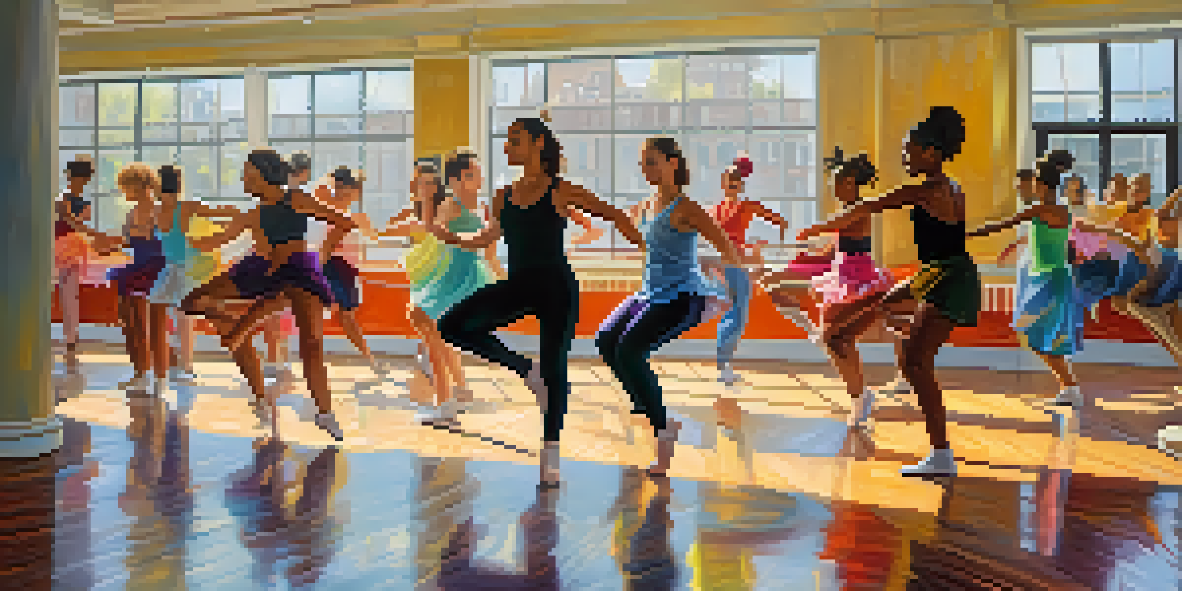 A lively dance studio where various dancers are practicing, showcasing their movements and emotions.