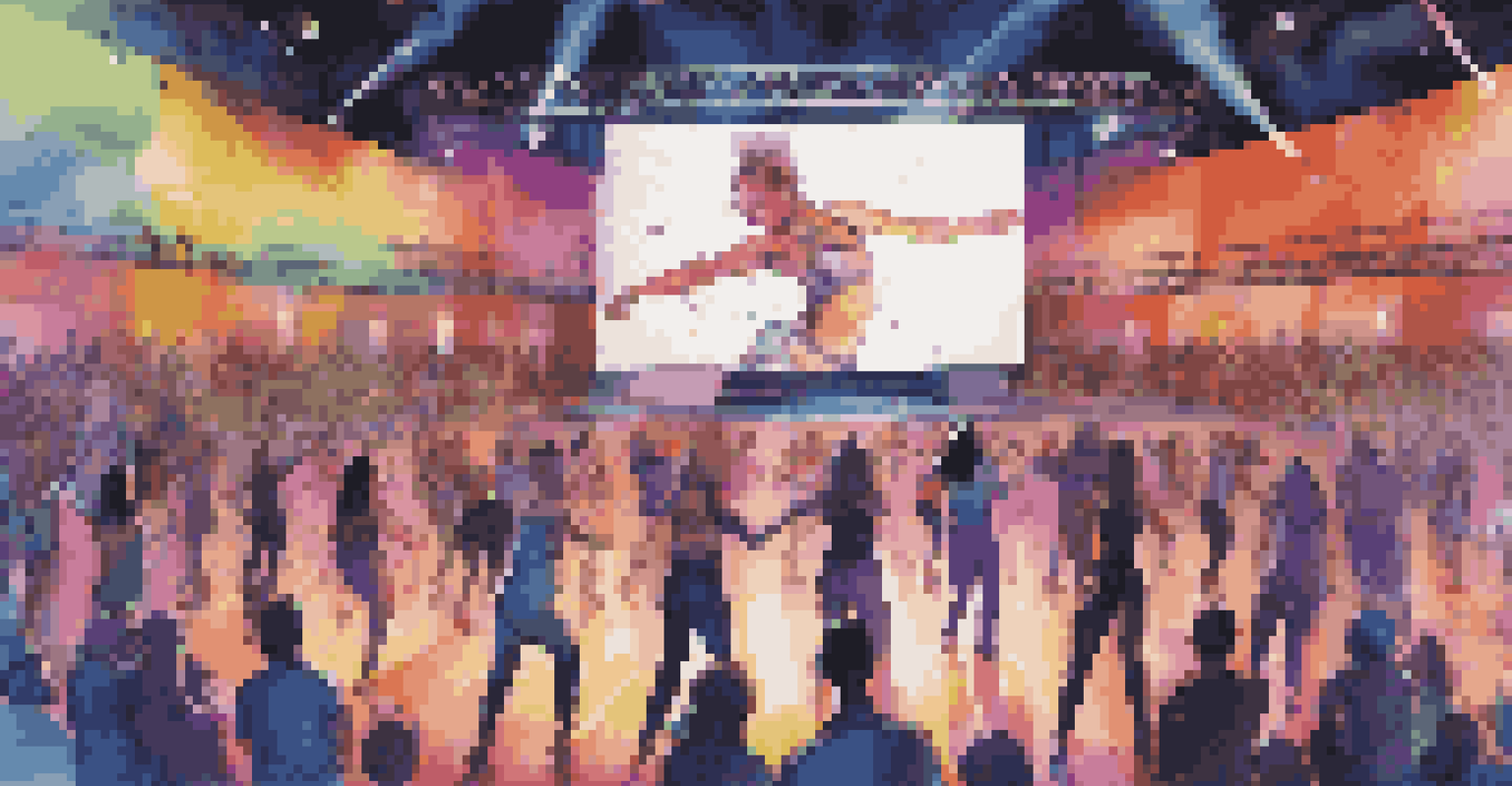A hybrid dance competition with live performers on stage and screens showing pre-recorded videos, surrounded by an enthusiastic audience.
