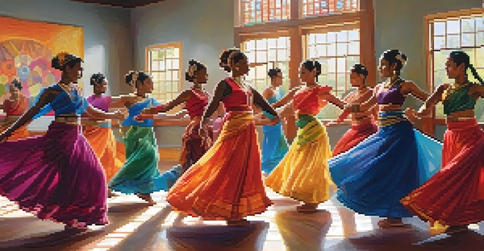 A lively dance studio with dancers of different cultural backgrounds practicing various traditional dances, illuminated by sunlight through large windows.