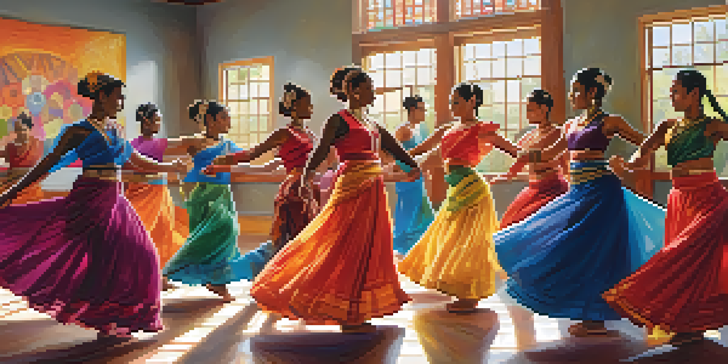 A lively dance studio with dancers of different cultural backgrounds practicing various traditional dances, illuminated by sunlight through large windows.