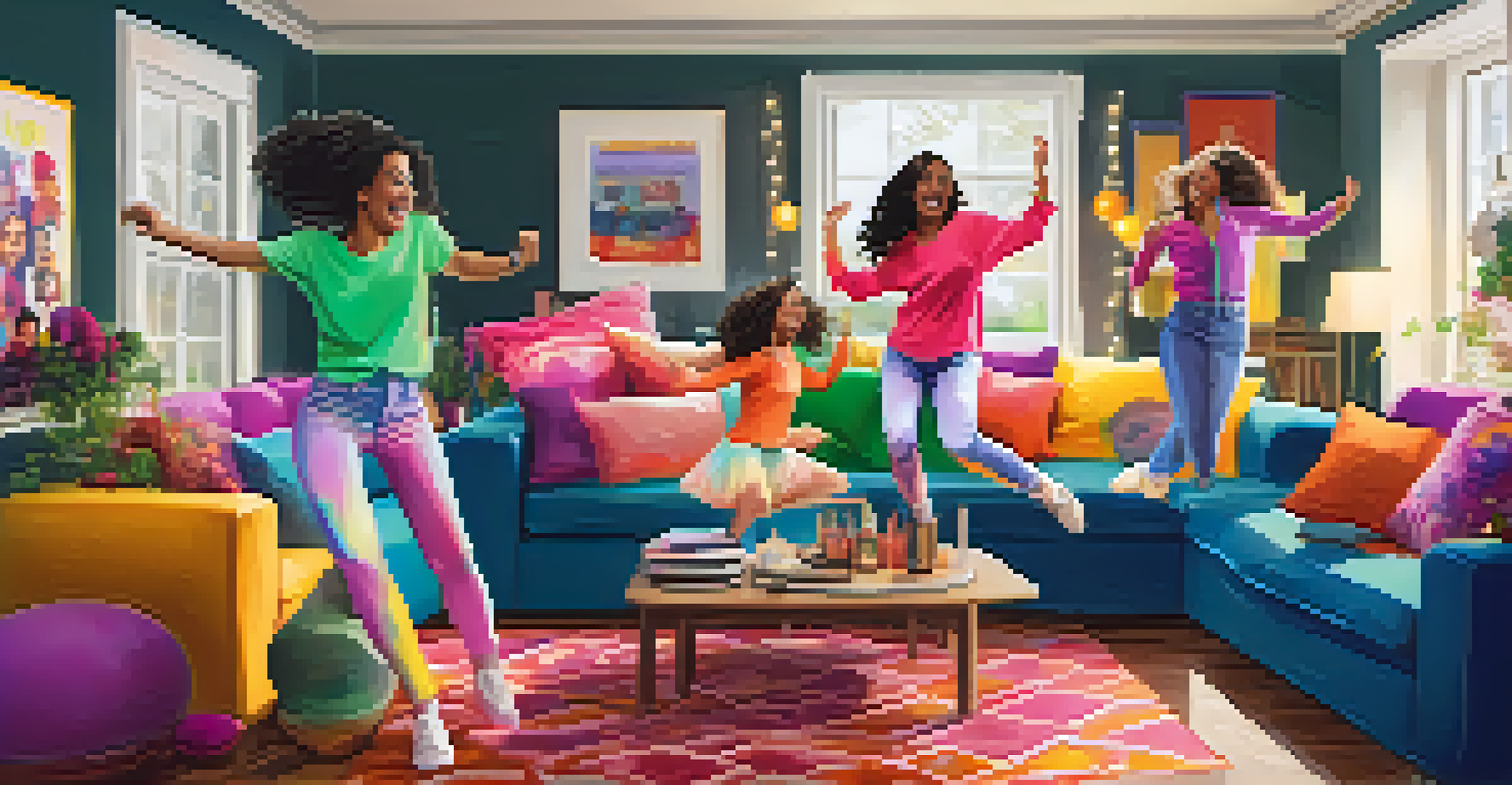A group of friends participating in a dance challenge in a cozy living room filled with colorful decorations.