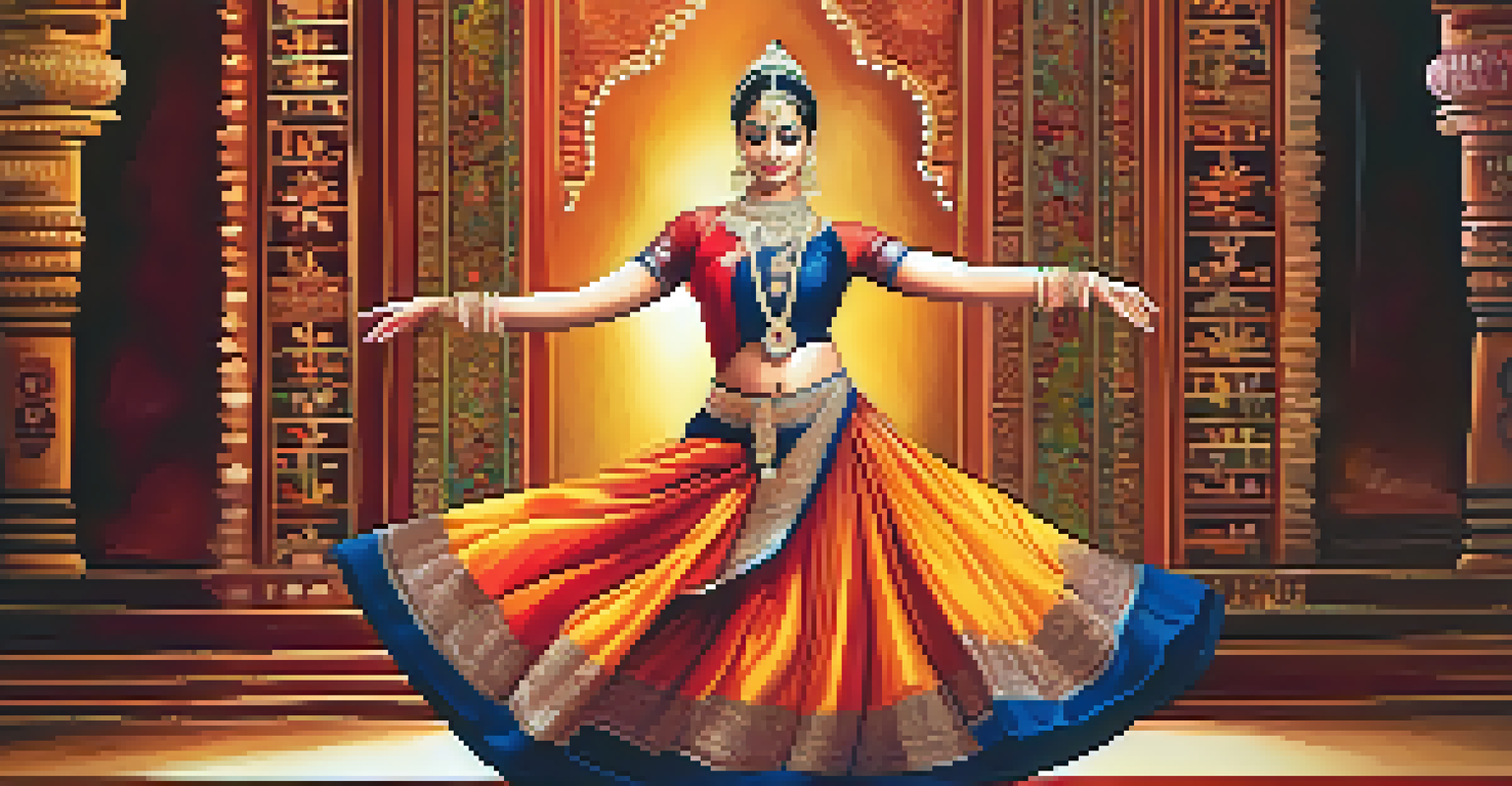 An elegant Bharatanatyam dancer performing on stage with intricate hand gestures and vibrant attire, surrounded by decorative motifs.