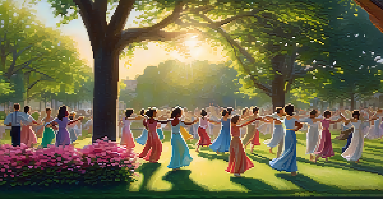 Participants engaged in an outdoor dance therapy class in a tranquil park, surrounded by lush greenery and blooming flowers, with a warm sunset in the background.