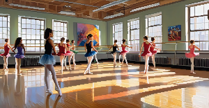 A dance studio with diverse dancers practicing ballet, hip-hop, and contemporary styles, illuminated by natural light through large windows.