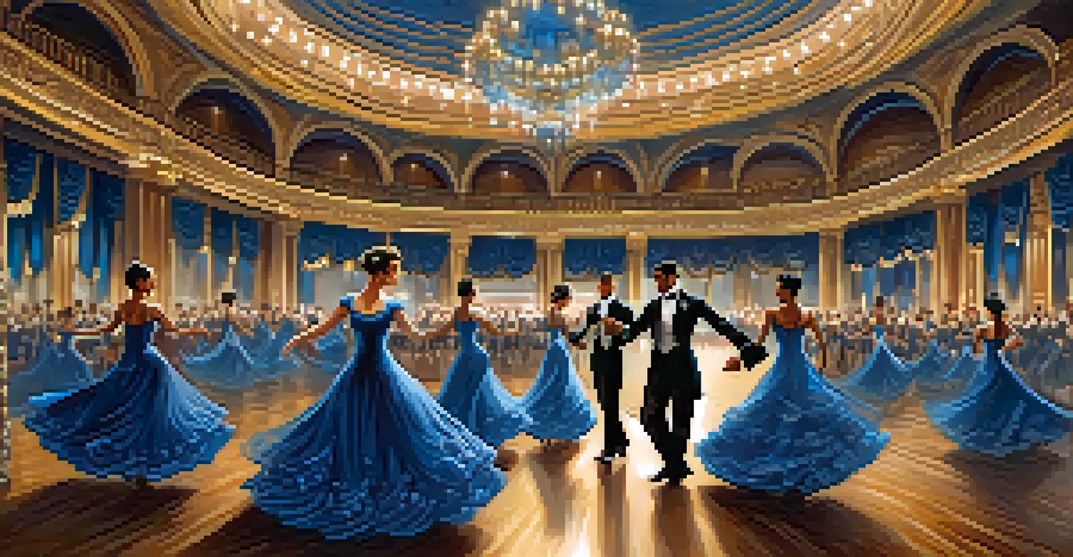 Dancers in traditional ballroom attire performing gracefully in a beautifully decorated ballroom with chandeliers.