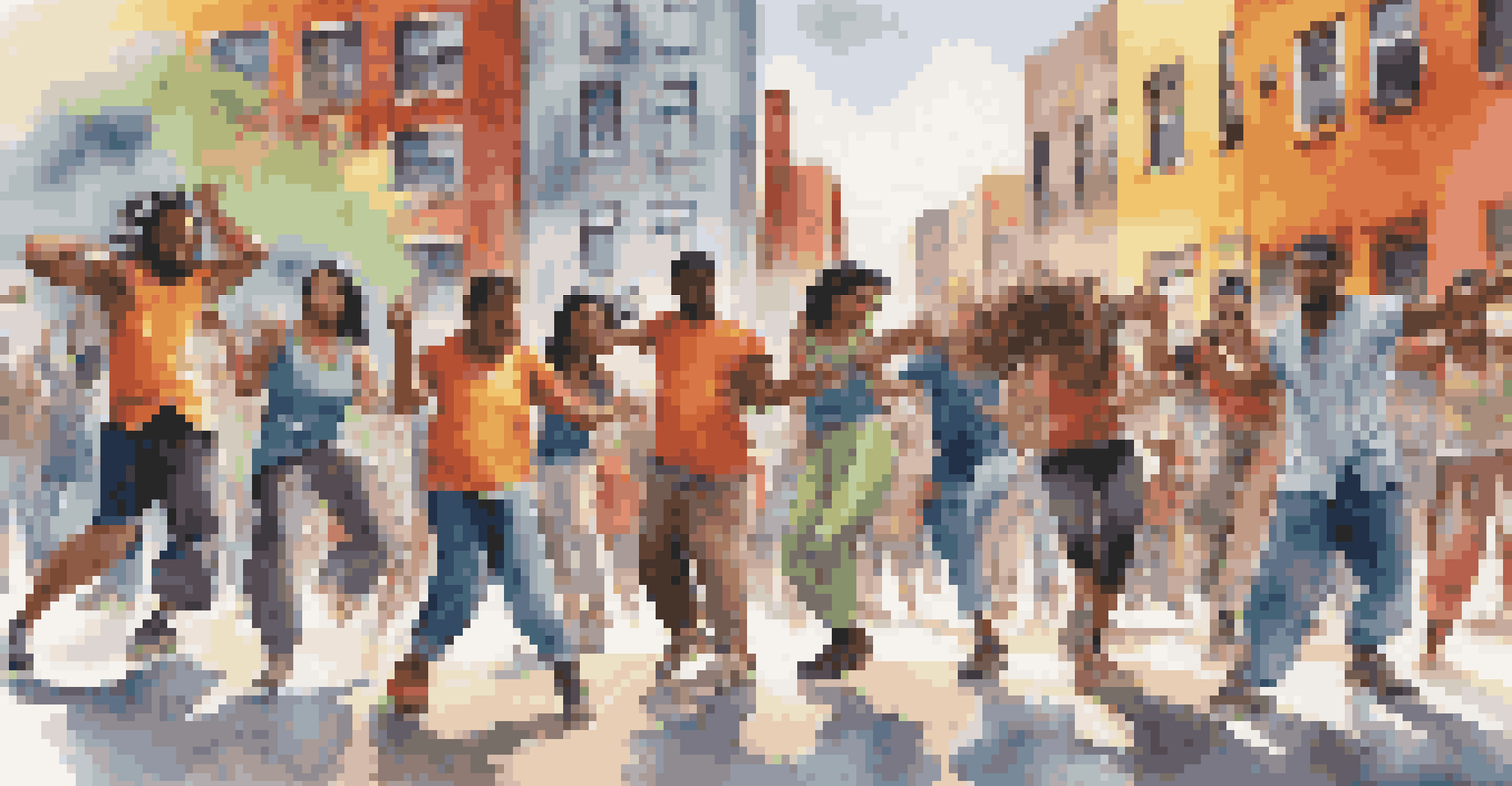 A diverse group of dancers performing in an urban setting, with dynamic movements and graffiti art in the background.