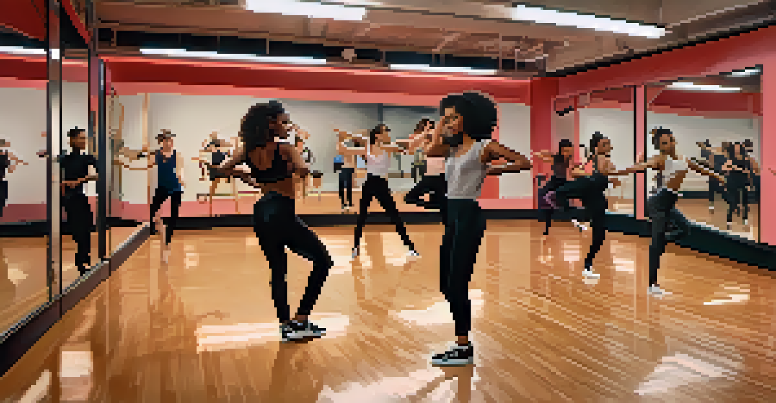 A contemporary dance studio with diverse dancers participating in a hip-hop class, surrounded by mirrors and warm lighting.