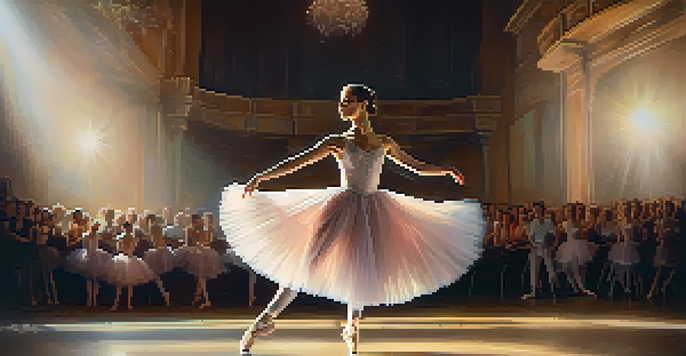 A ballet dancer in a pastel tutu striking a graceful pose on stage, illuminated by soft lights.