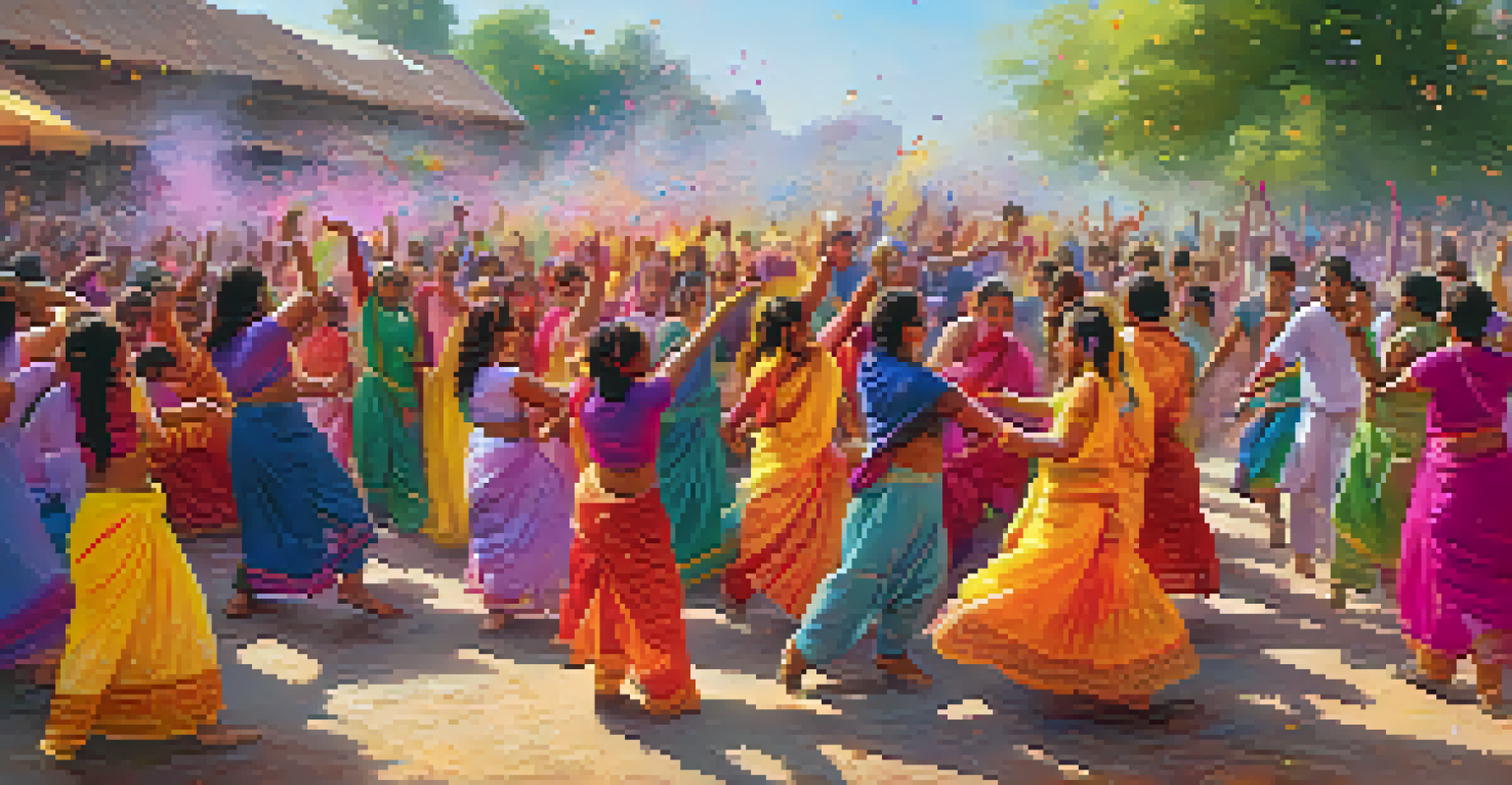 A joyful community celebration of Holi, with people dancing and throwing colorful powders in the air amidst vibrant decorations.