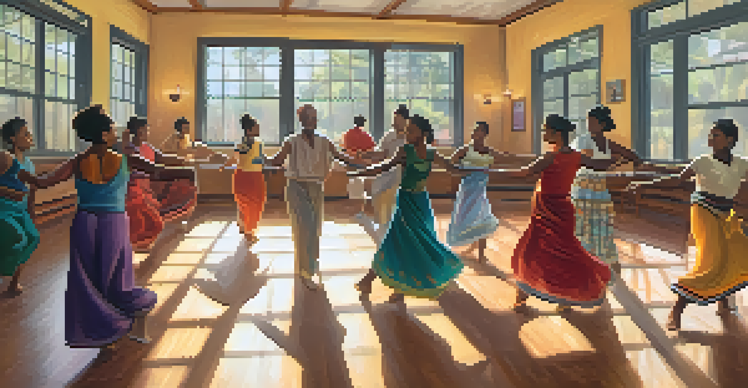 A diverse group of people participating in a traditional dance workshop in a community center, with an instructor leading them.