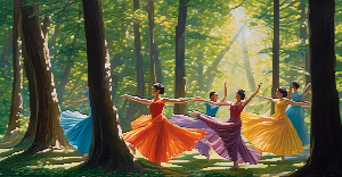 Dancers in colorful, flowing costumes perform in a sunlit forest, embodying the spirit of nature with graceful movements.