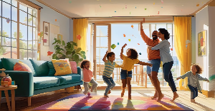A family enjoying a lively dance together in a sunny living room, with smiles and vibrant decorations around them.