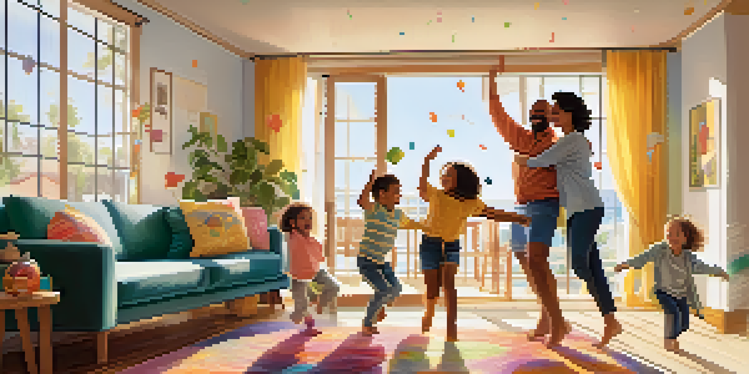 A family enjoying a lively dance together in a sunny living room, with smiles and vibrant decorations around them.