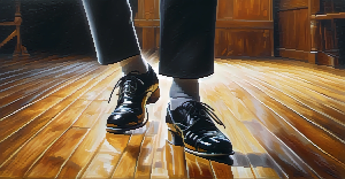 Close-up of a tap dancer's feet in black shoes tapping on a wooden floor, with motion blur capturing dynamic movement.