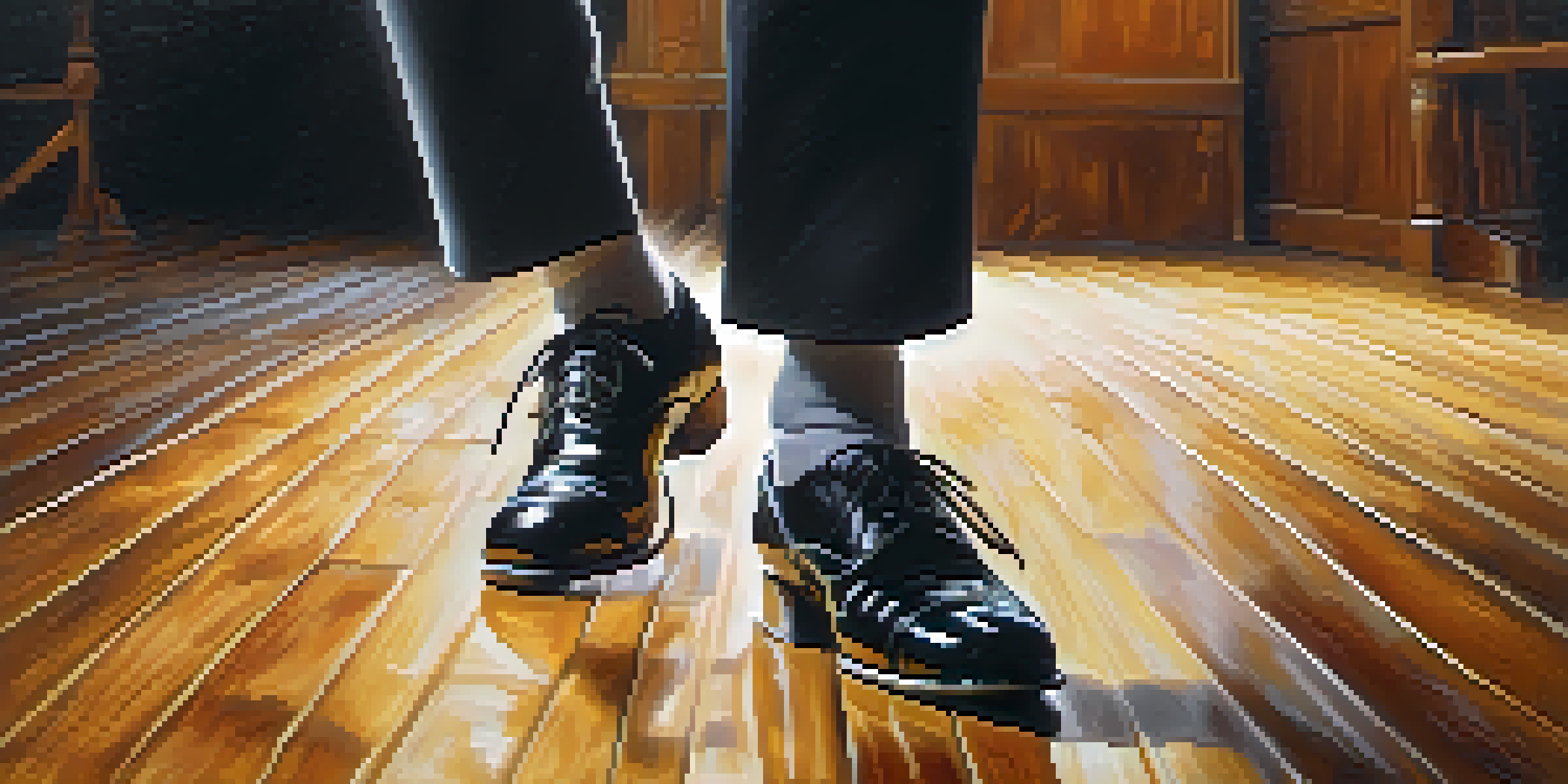 Close-up of a tap dancer's feet in black shoes tapping on a wooden floor, with motion blur capturing dynamic movement.