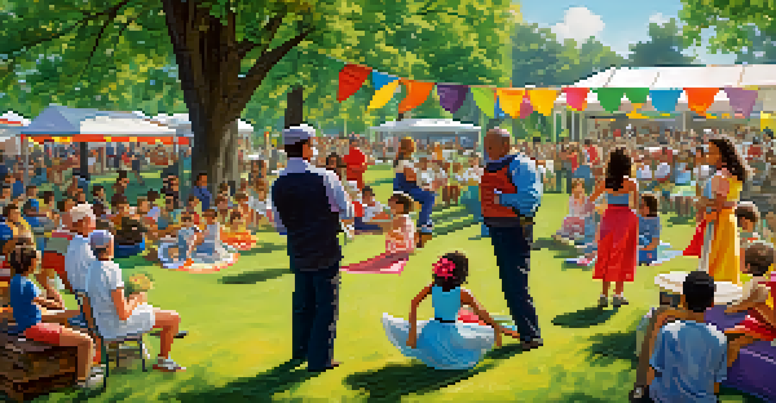 Families enjoying a community dance event in a park with dancers performing on stage.
