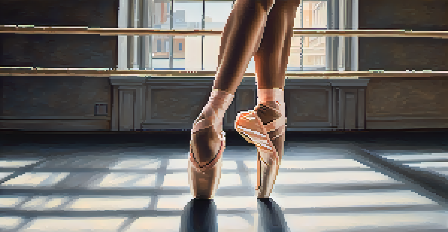Close-up of a ballet dancer's feet in pointe shoes during a plié, emphasizing proper alignment and technique.