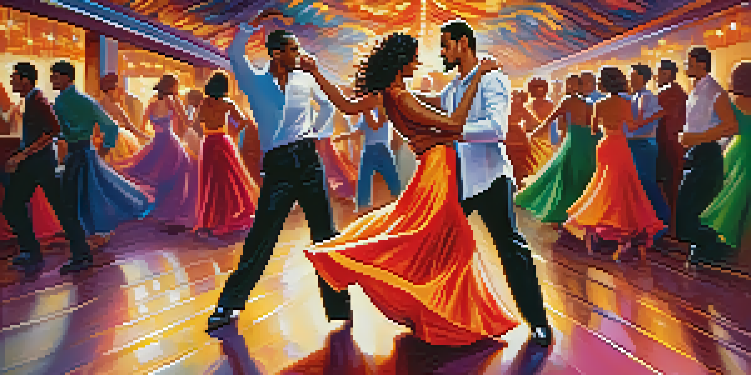 A couple dancing Salsa in a lively club, surrounded by colorful lights and other dancers.