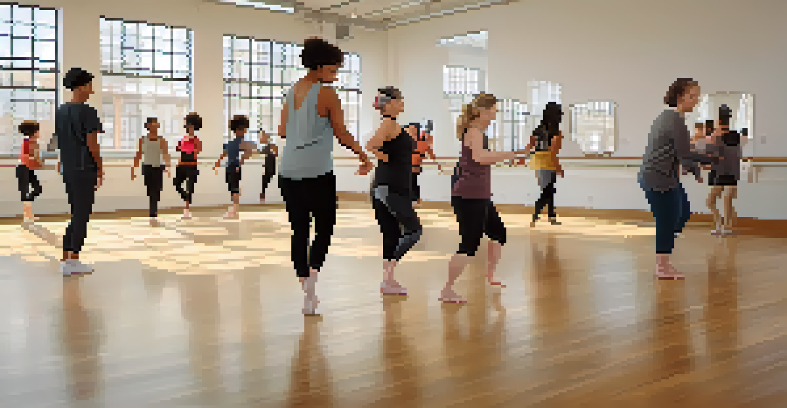A bright dance studio where an instructor leads a diverse group of dancers, including those with mobility challenges, in an inclusive dance class.