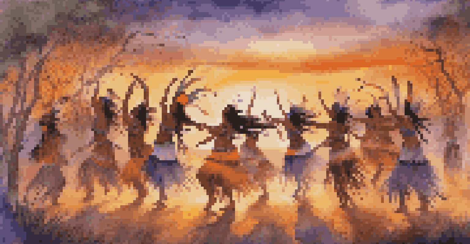 A Native American dance performance in nature during sunset, showcasing colorful costumes and fluid movements.