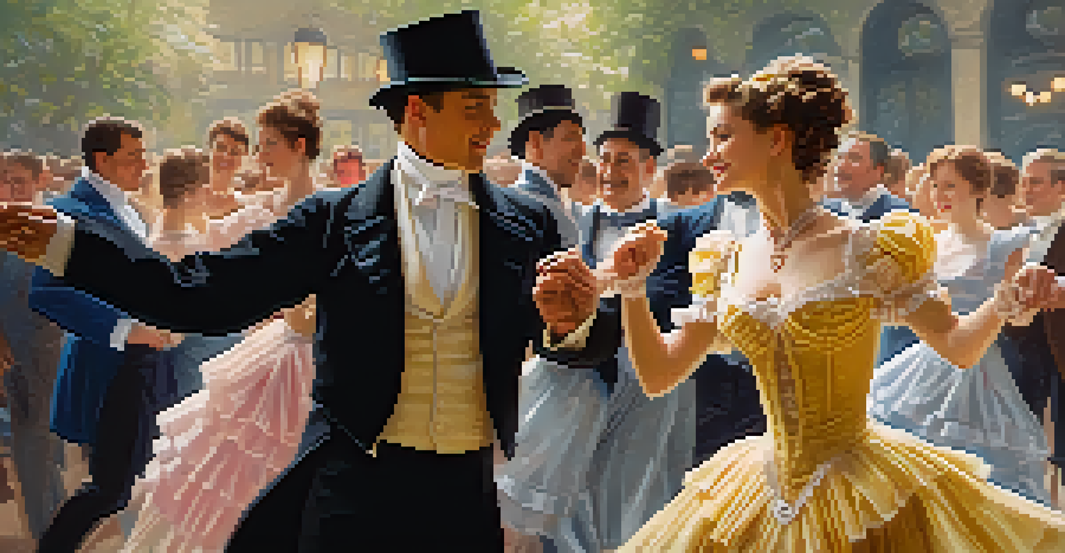 A close-up of a Victorian couple performing a polka dance, showcasing their intricate attire and joyful expression.