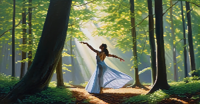 A dancer in a tranquil forest, surrounded by tall trees and dappled sunlight, moving gracefully in harmony with the natural environment.