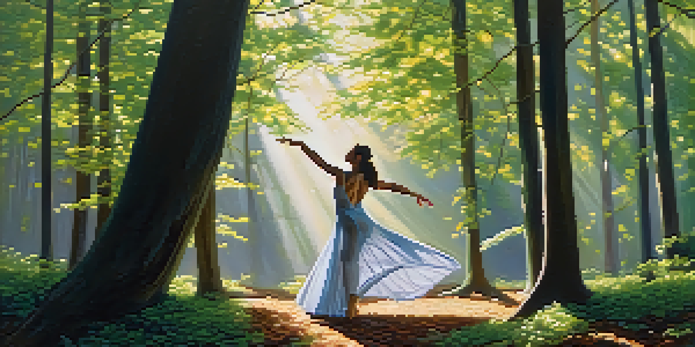 A dancer in a tranquil forest, surrounded by tall trees and dappled sunlight, moving gracefully in harmony with the natural environment.