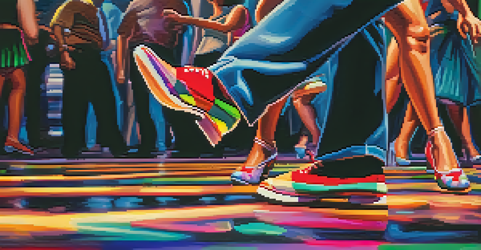 Close-up of a pair of stylish dancing shoes on a colorful dance floor, with blurred figures of people dancing in the background.
