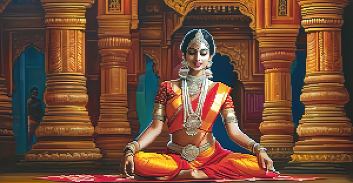 A female dancer performing Bharatanatyam in a temple, wearing traditional attire and jewelry, surrounded by warm lighting and colorful decorations.