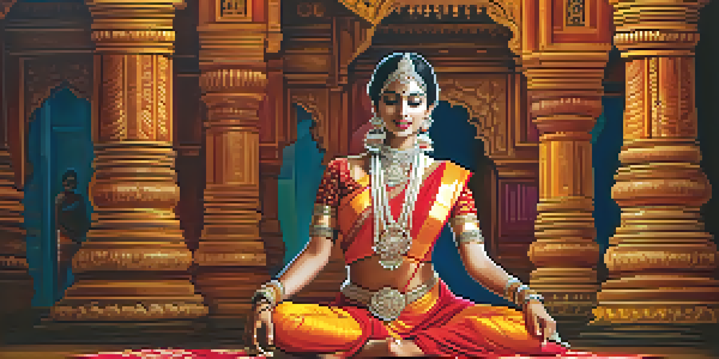 A female dancer performing Bharatanatyam in a temple, wearing traditional attire and jewelry, surrounded by warm lighting and colorful decorations.