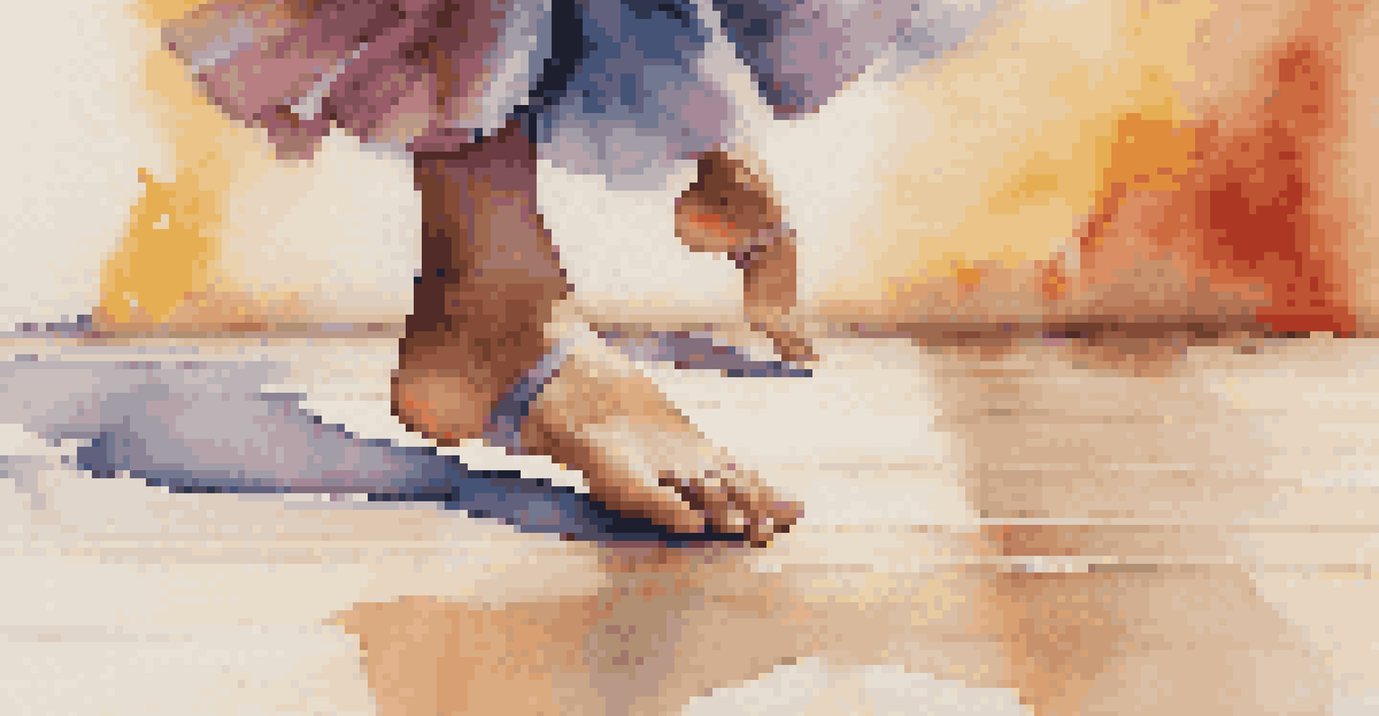 Close-up of a dancer's feet on a textured mat, illustrating fluid movement and connection to music.