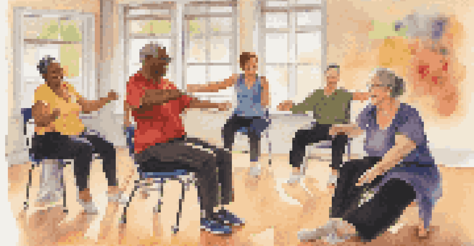 An instructor helps a participant in a seated adaptive dance class, highlighting the supportive environment and use of colorful props.