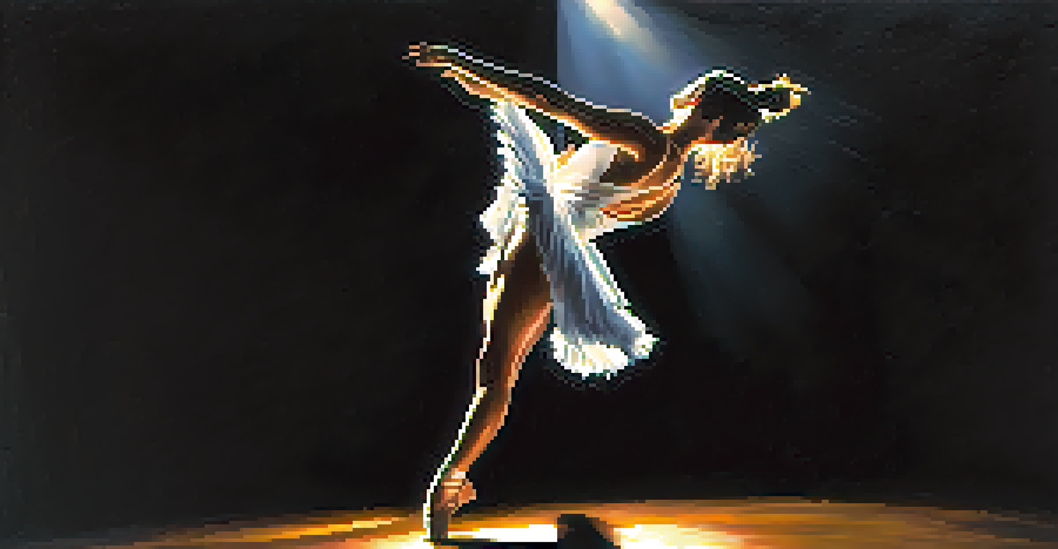 A solo dancer in flowing attire illuminated by a spotlight on a dimly lit stage, showcasing expressive movements and deep emotion.