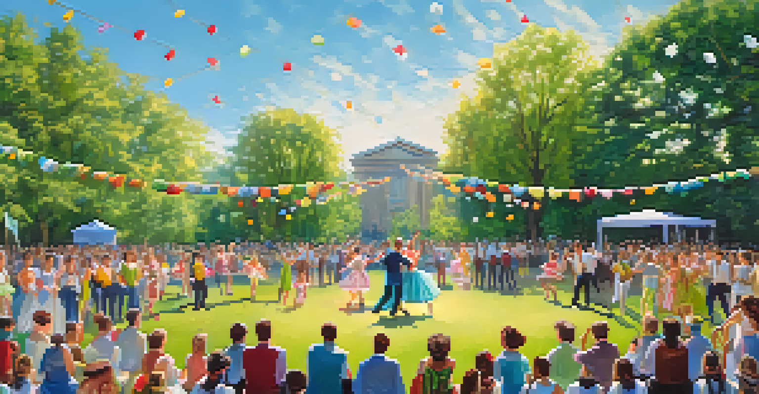 An outdoor community dance event in a park with dancers performing on stage and an engaged audience enjoying the performance.