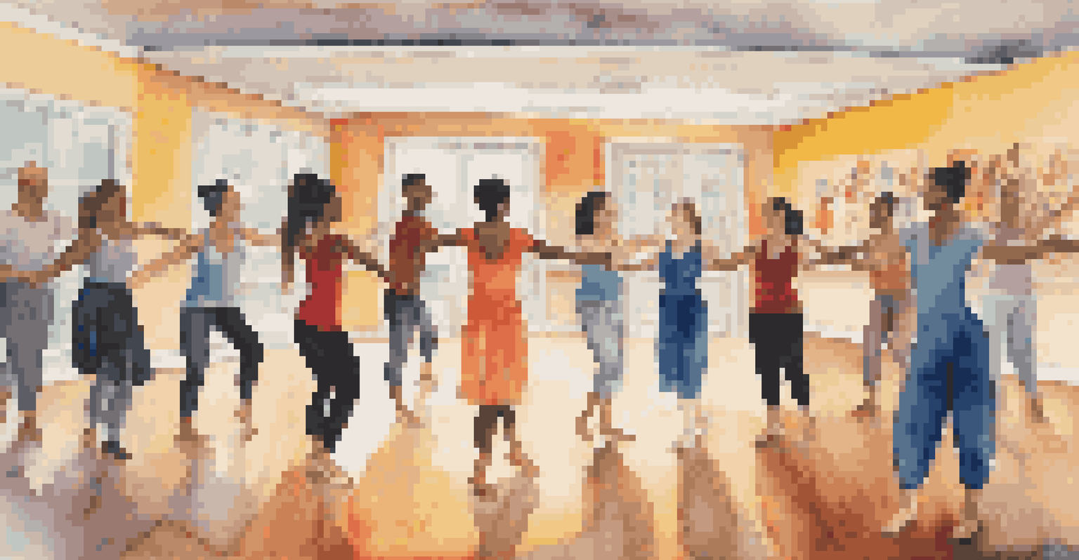 A supportive group dance therapy session with individuals in a circle expressing themselves through dance, surrounded by colorful artwork.