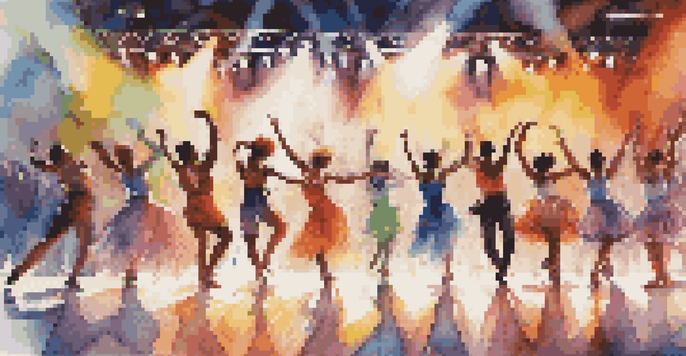 A lively dance competition on stage with diverse dancers performing various styles, illuminated by colorful lights and an engaged audience.