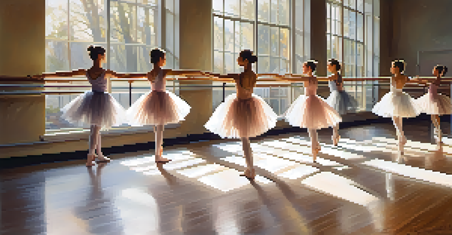 A group of ballet dancers warming up at the barre, showcasing focus and teamwork in a bright studio.