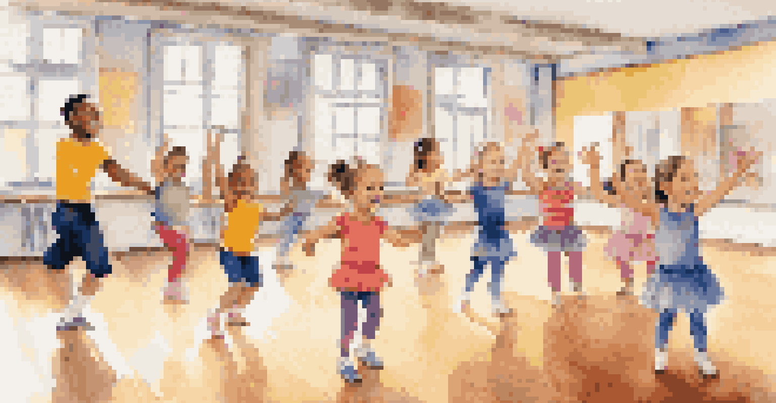 A dance class with young children in colorful outfits, following an enthusiastic instructor in a bright studio.