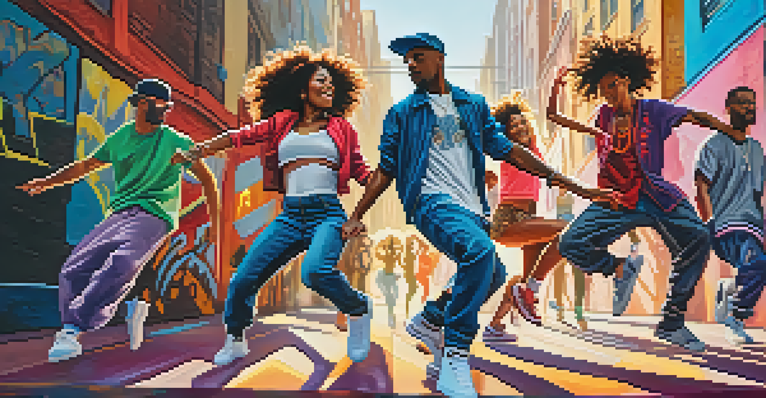 A group of diverse hip-hop dancers performing on a graffiti-covered street under sunlight.