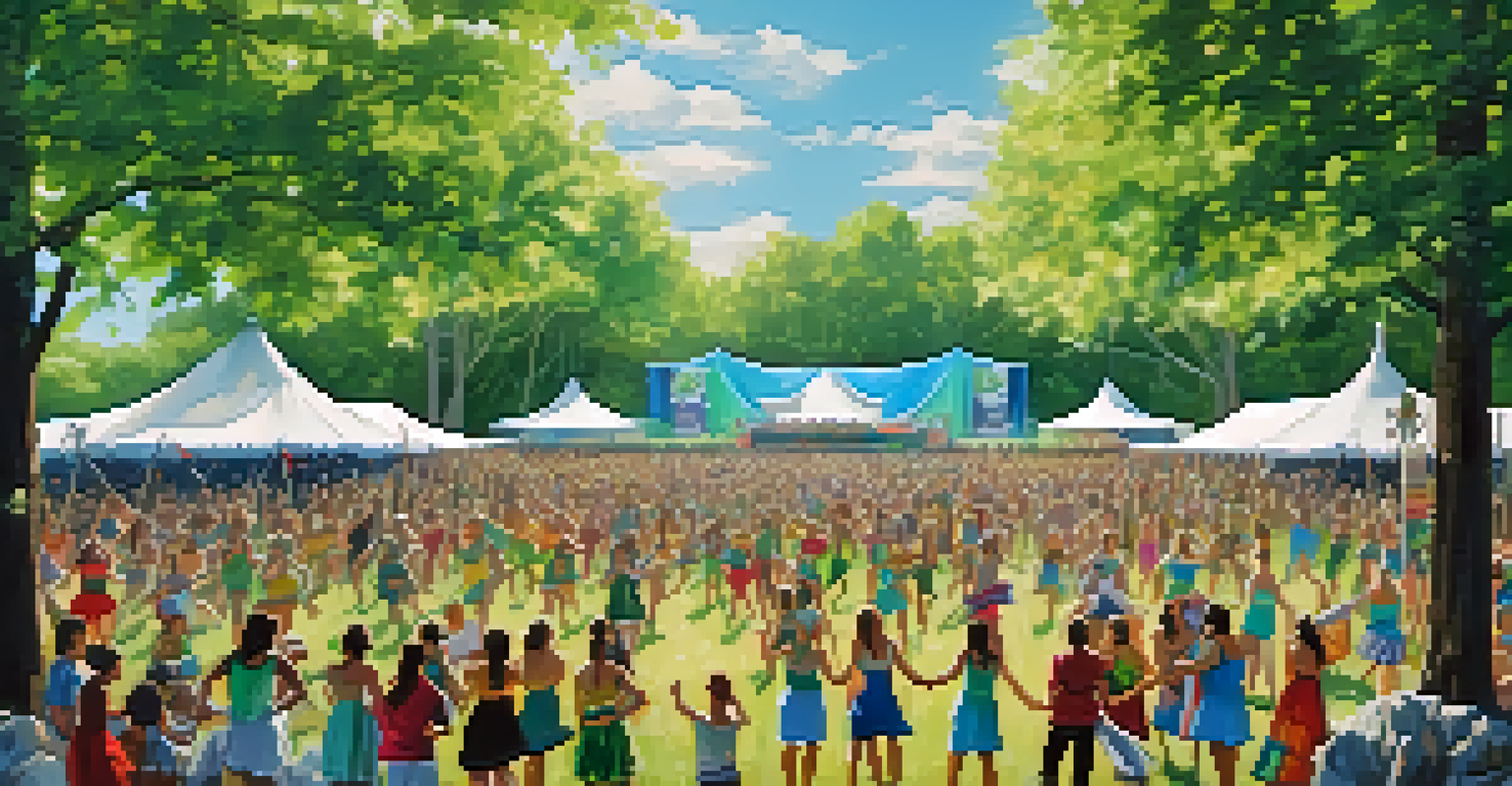 A vibrant dance festival with a recycled stage, lively performances, and an engaged audience enjoying the celebration of sustainability.