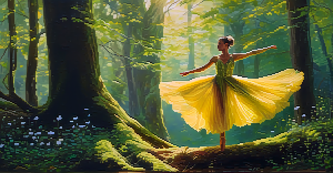 A dancer in a flowing costume performing in a sunlit forest, surrounded by greenery and flowers.
