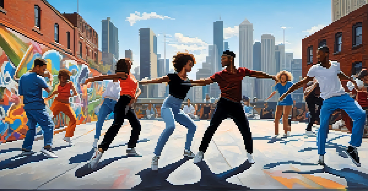 A contemporary dance performance in an urban setting, with dancers in modern clothes moving expressively against a graffiti backdrop.