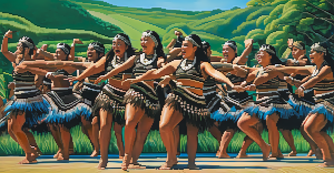 A group of dancers in traditional Maori attire performing the Haka in a scenic outdoor setting, showcasing vibrant costumes and expressive movements.