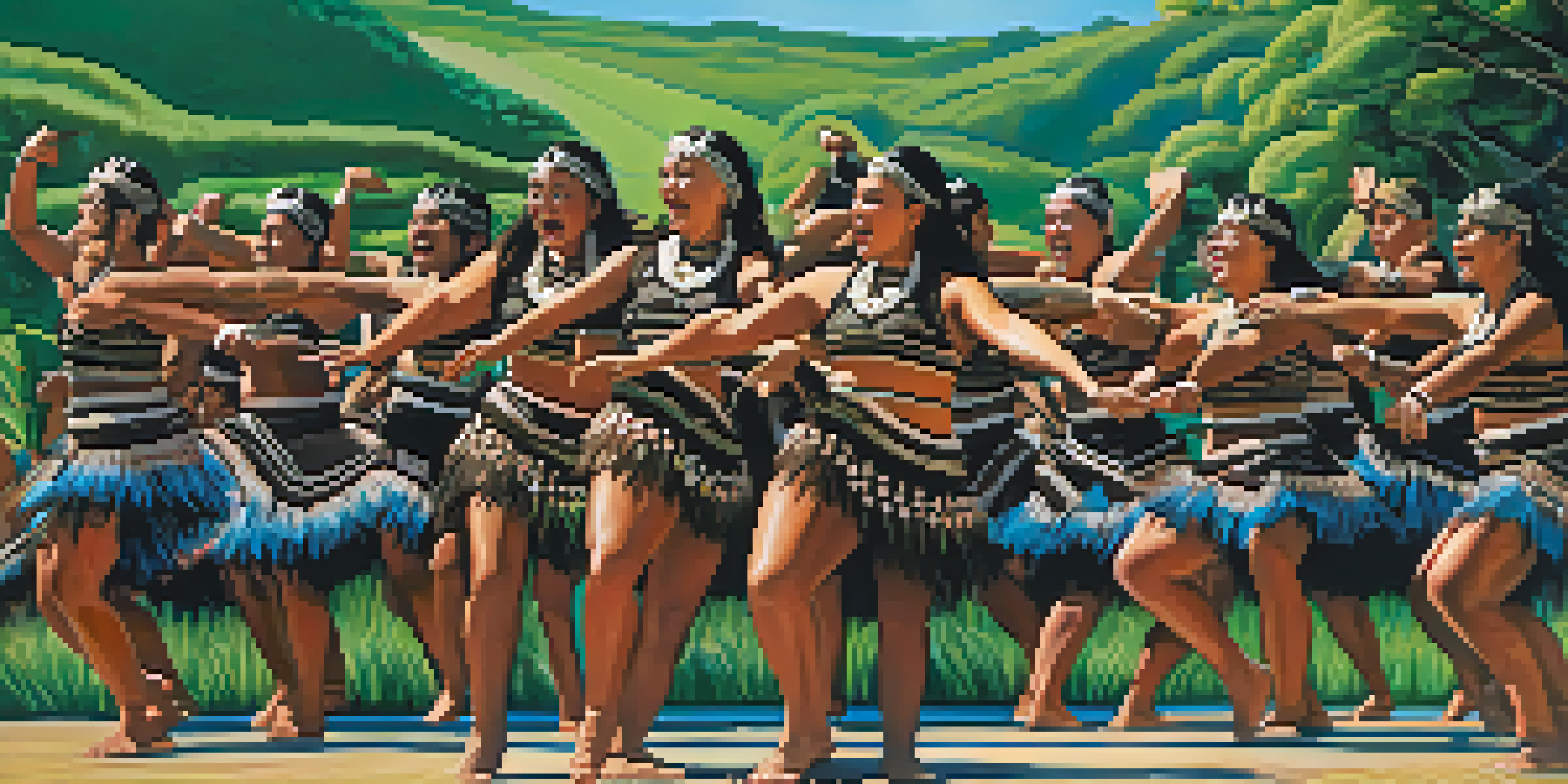 A group of dancers in traditional Maori attire performing the Haka in a scenic outdoor setting, showcasing vibrant costumes and expressive movements.