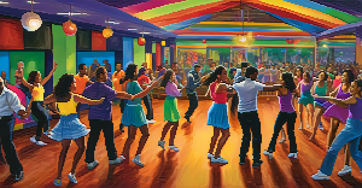 An energetic salsa dance class with participants moving in sync, showcasing joy and vibrant decorations.