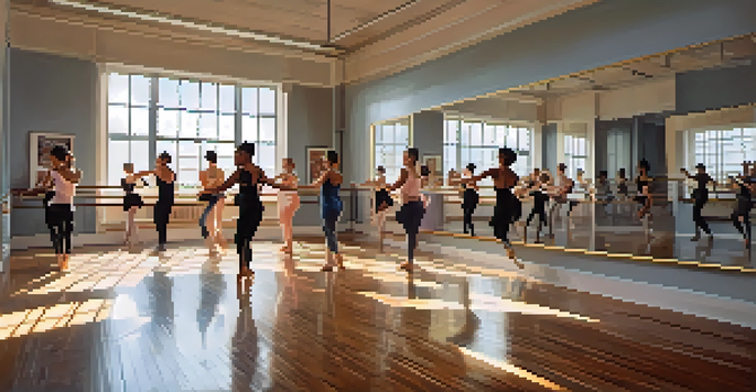 A colorful dance studio with people of diverse backgrounds practicing ballet, hip-hop, and contemporary dance under natural light.