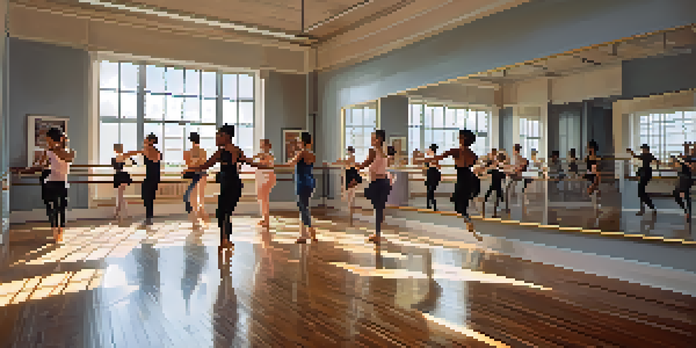 A colorful dance studio with people of diverse backgrounds practicing ballet, hip-hop, and contemporary dance under natural light.