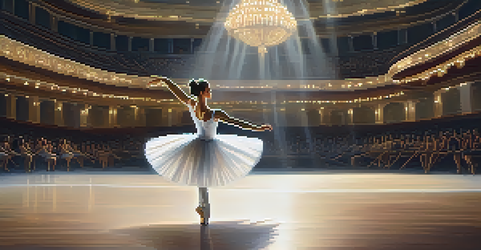 A ballerina in a white tutu performing on stage in a grand theater, illuminated by soft lighting.